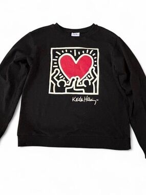 Keith Haring Black Crewneck Sweater with Red Heart Graphic